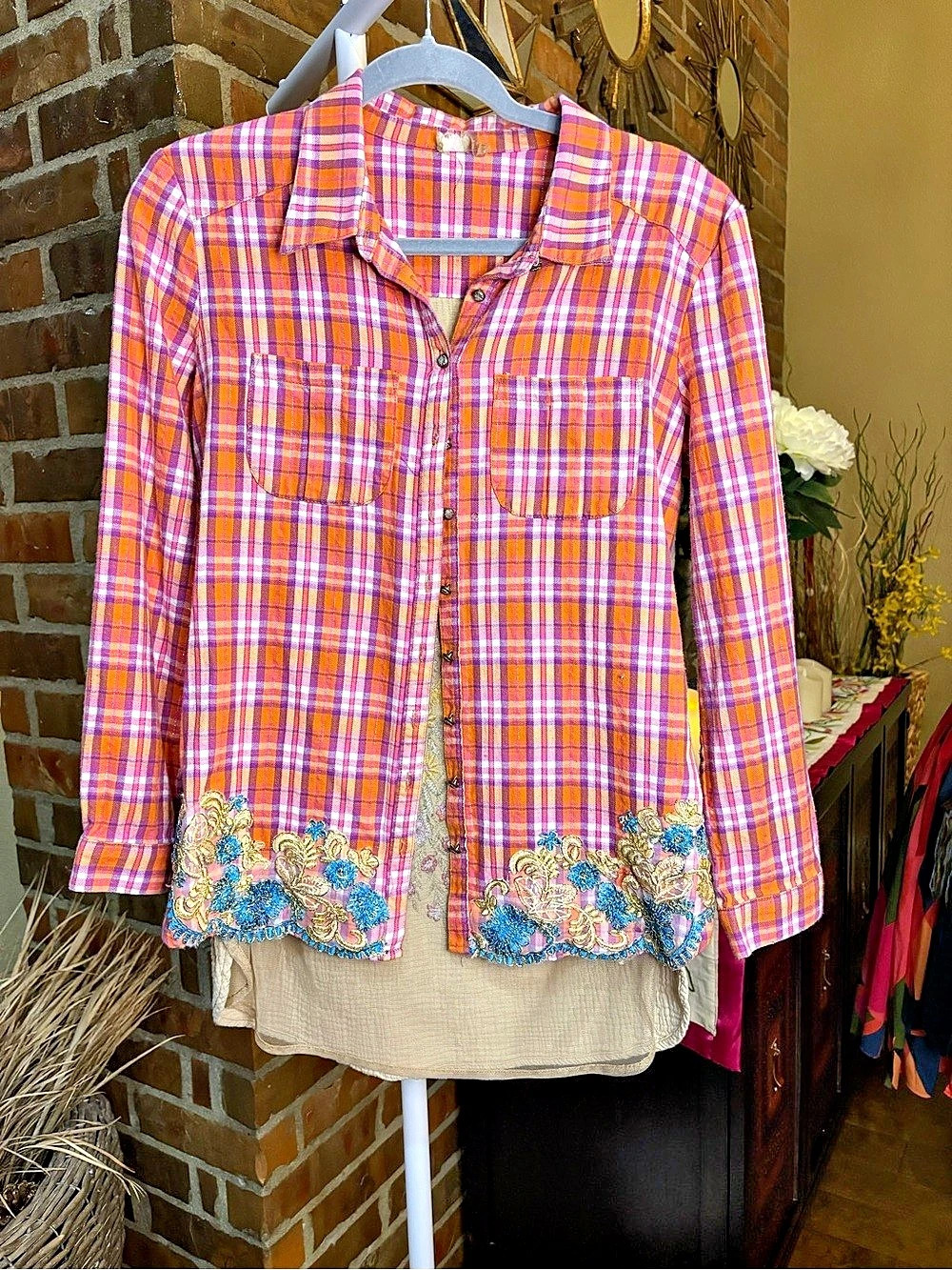 ARATTA Silent Journey Plaid Embroidered Button Down in Pink & Purple